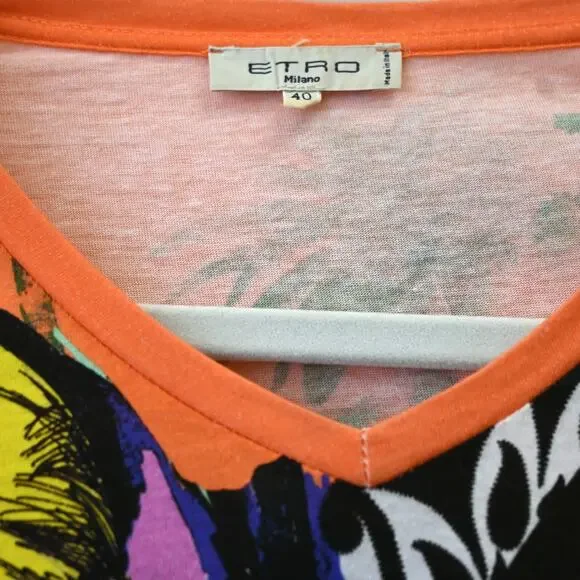 Etro Milano T-Shirt Size 40 Multicolor Zebra Print V-Neck Cotton Graphic Tee - Picture 10 of 12